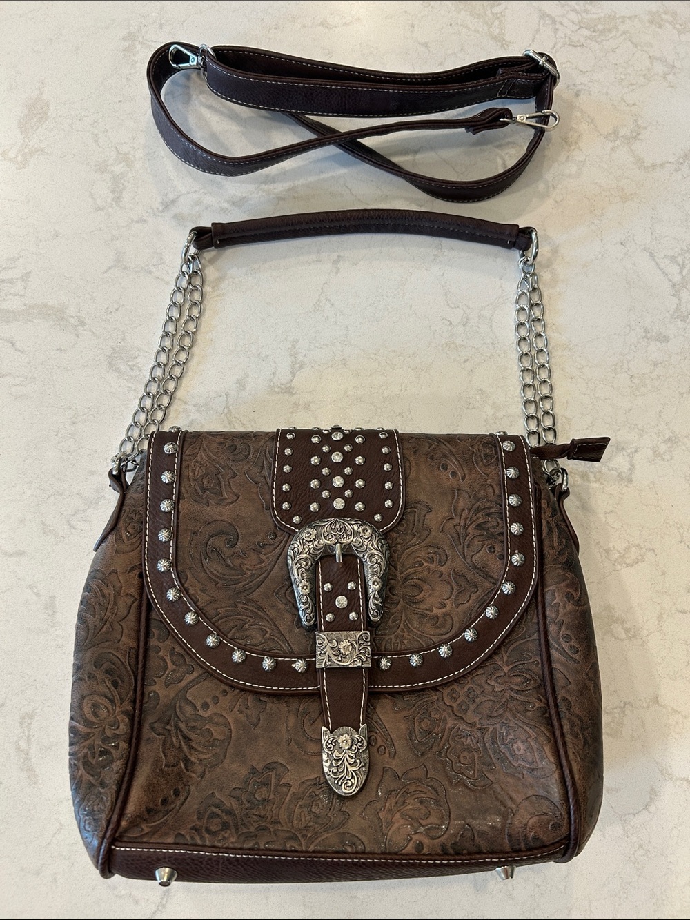 Western Tooled Brown Crossbody Satchel Purse | Studded Buckle Handbag